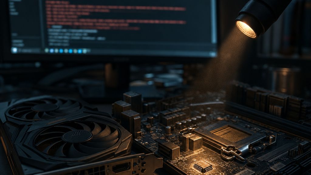 Open PC on a workbench at night: a graphics card next to the motherboard, whose BIOS chip is highlighted by a beam of light, with a monitor showing red error lines in the background